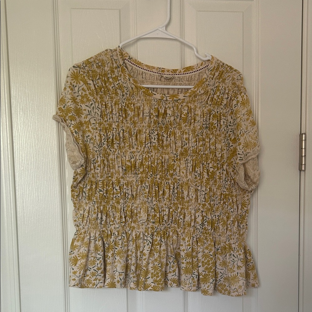 Anthropologie "The Tabby" Ruched Cap-Sleeve Tee Pilcro, L
